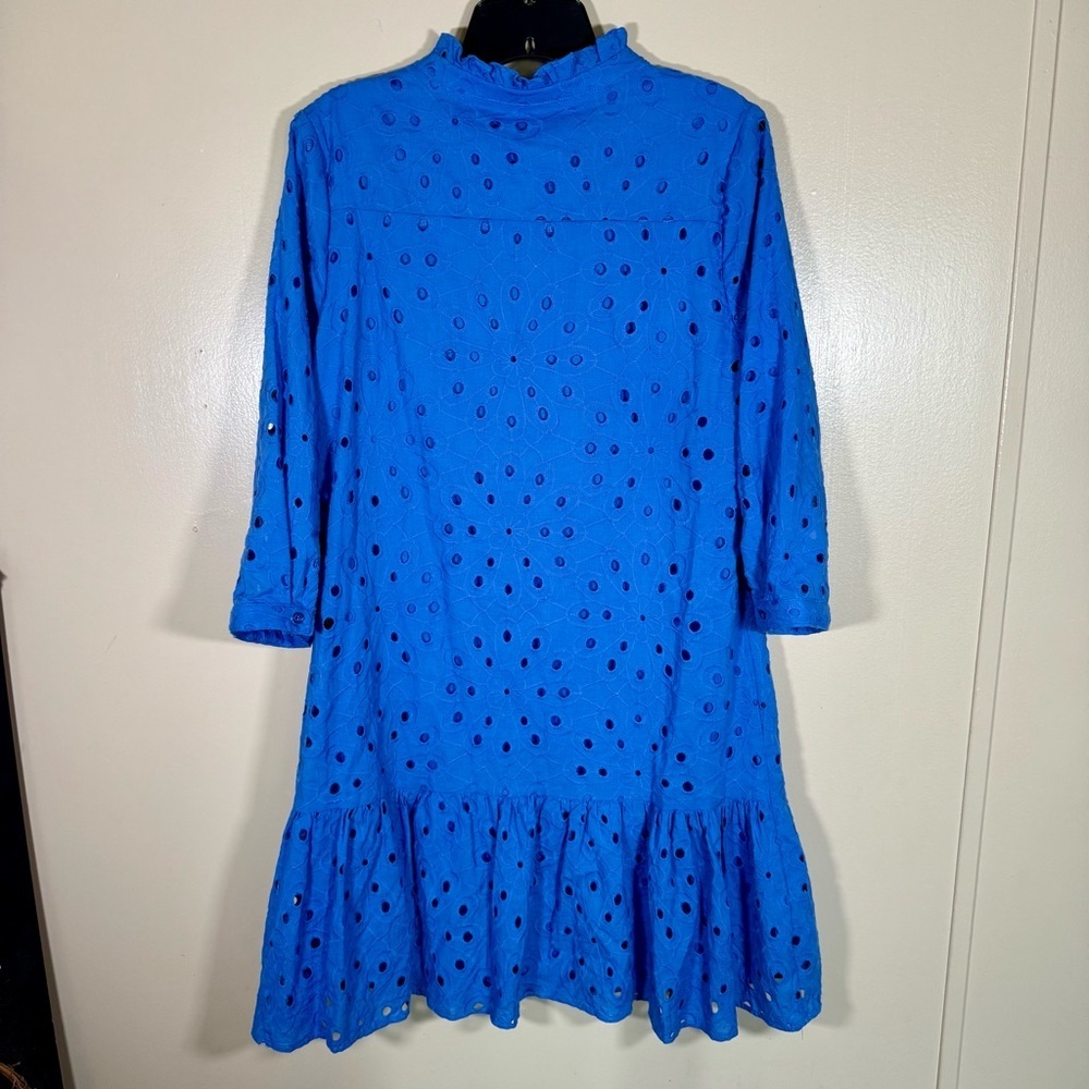 Cynthia Rowley 3/4 Sleeve V-Neck Ruffle Bottom Blue Cotton Dress Size Small - Picture 2 of 8
